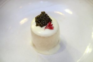 Sea Scallop and Braised Radish Covered with Cheese Espuma with Caviar and smoked Salmon Ice Cream